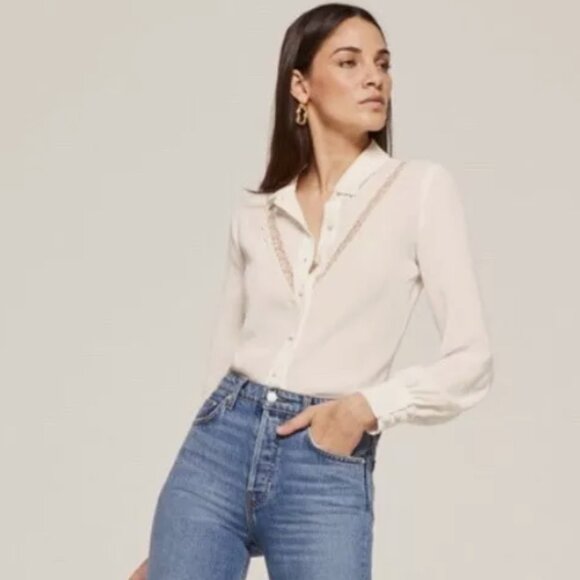 Reformation Paulina Cream Lace Sheer Collar Button Front Shirt - Picture 2 of 13